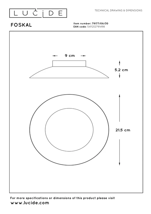 Lucide FOSKAL - Deckenleuchte - Ø 21,5 cm - LED - 1x6W 2700K - Schwarz - technisch